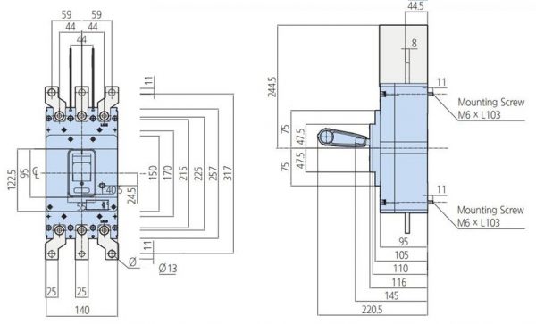 کلید اتوماتیک،کمپکت 350 آمپر،غیرقابل تنظیم حرارتی -مغناطیسی HYUNDAI مدل HGM