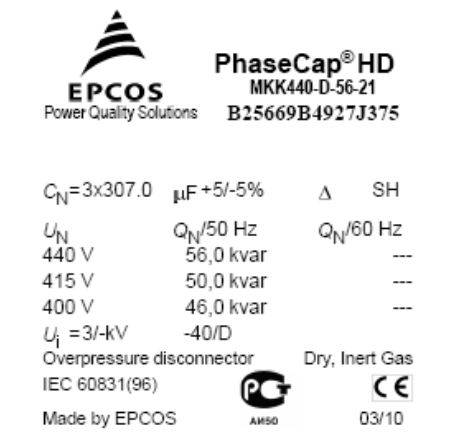خازن سه فاز فشار ضعیف گازی اپکاس ،46کیلووار (56کیلووار در 440 ولت) EPCOS 3 - خازن سه فاز فشار ضعیف گازی اپکاس ،46کیلووار (56کیلووار در 440 ولت) EPCOS