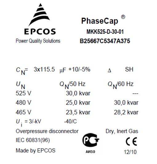 خازن سه فاز فشار ضعیف گازی اپکاس، 30 کیلووار، 525 ولت EPCOS NNNNN - خازن سه فاز فشار ضعیف گازی اپکاس، 30 کیلووار، 525 ولت EPCOS