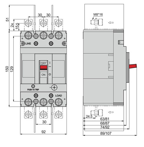 کلید اتوماتیک کمپکت 100آمپر (50KA) قابل تنظیم حرارتی و مغناطیسی سری6 HIMEL مدل HDM6S100M1003XXX3